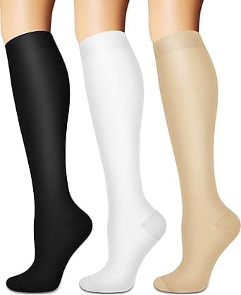 Calcetines de compresión y circulación para mujer y hombre (3 pares), para enfermería, correr, viajar, calcetines hasta la rodilla